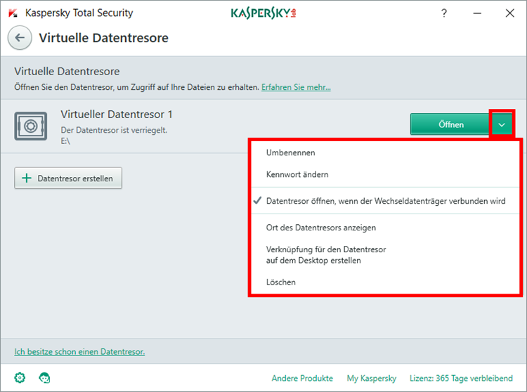 Abbildung: Das Fenster „Virtuelle Datentresore“ in Kaspersky Total Security 