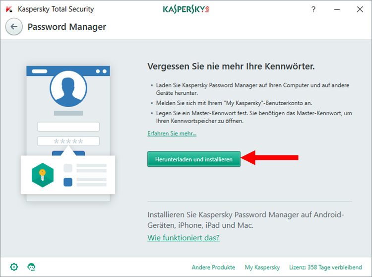 Abbildung: Das Fenster „Password Manager“ in Kaspersky Total Security