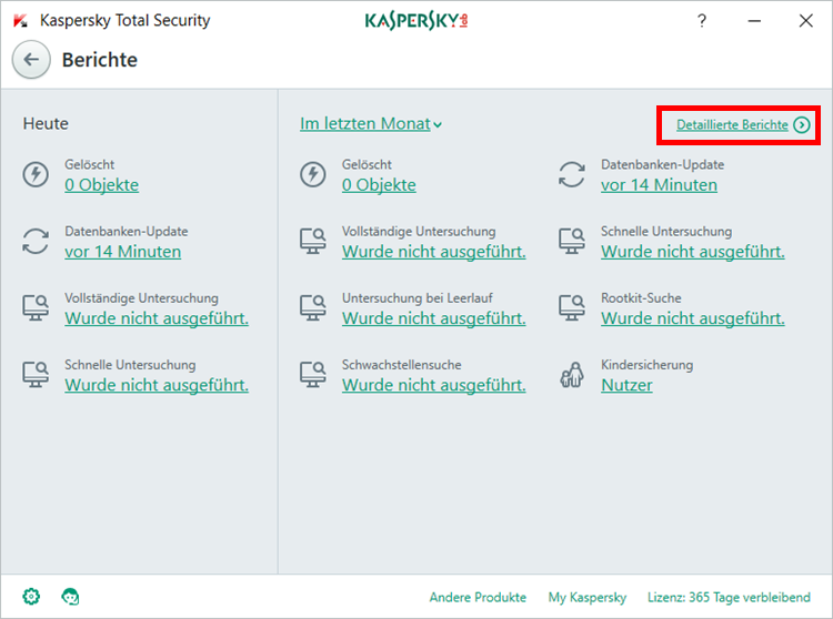 Abbildung: Das Fenster „Berichte“ in Kaspersky Total Security