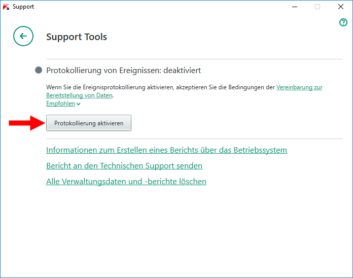 Abbildung: Das Fenster „Support Tools“ in Kaspersky Total Security 2018 
