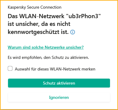Meldung von Kaspersky VPN Secure Connectiоn über ein Problem im WLAN