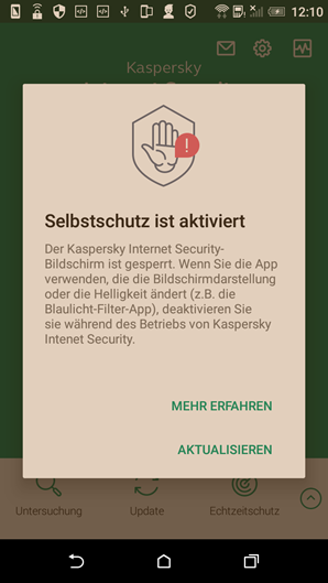 Die gesperrte Benutzeroberfläche von Kaspersky Internet Security für Android