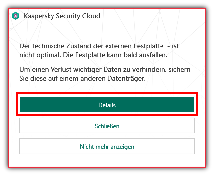 Übergang zur Anzeige von Informationen über die Beschädigung der Festplatte in Kaspersky Security Cloud 19