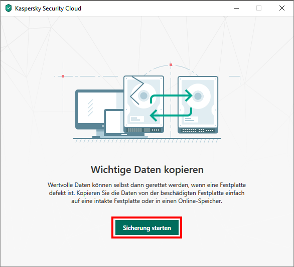 Starten des Kopierens der Daten von der Festplatte mit Kaspersky Security Cloud 19