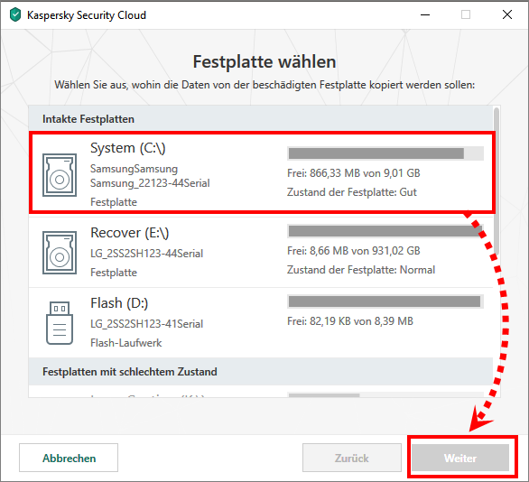 Auswählen eines Laufwerks zum Kopieren der Daten von einer Festplatte mit Kaspersky Security Cloud 19
