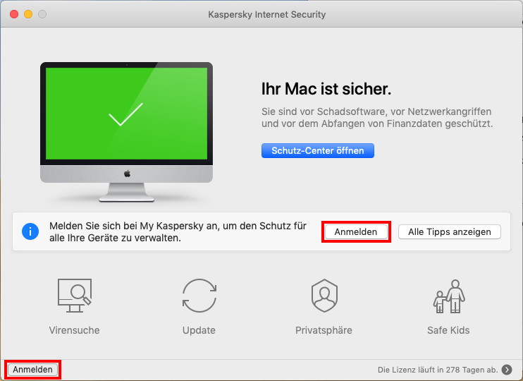 Das Hauptfenster von Kaspersky Internet Security für Mac
