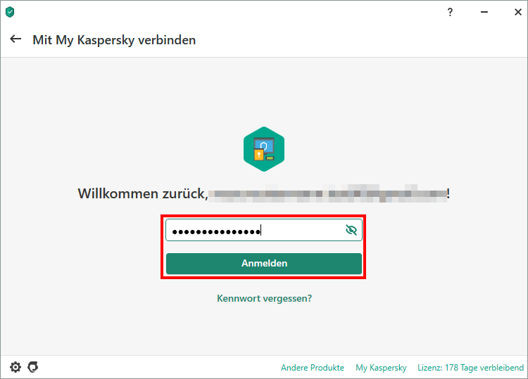 Das Fenster „Mit My Kaspersky verbinden“ in einer Kaspersky-App