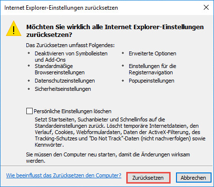Das Fenster „Internet Explorer-Einstellungen zurücksetzen“