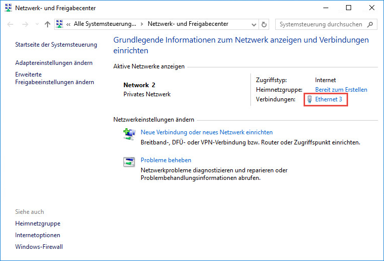Das Fenster „Netzwerk- und Freigabecenter“ in Windows 10
