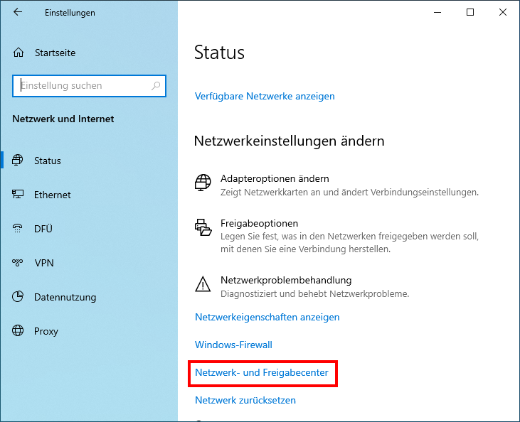 Öffnen des Netzwerk- und Freigabecenter in Windows 10