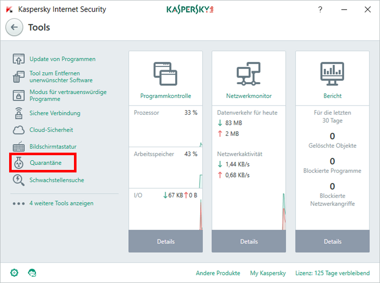 Das Fenster „Tools“ in Kaspersky Internet Security 2018