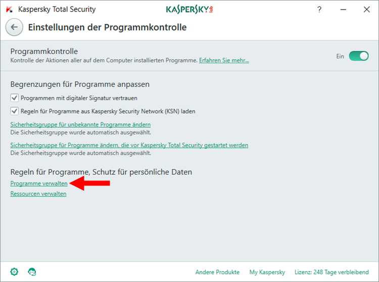 Abbildung: Das Fenster „Einstellungen der Programmkontrolle“ in Kaspersky Total Security
