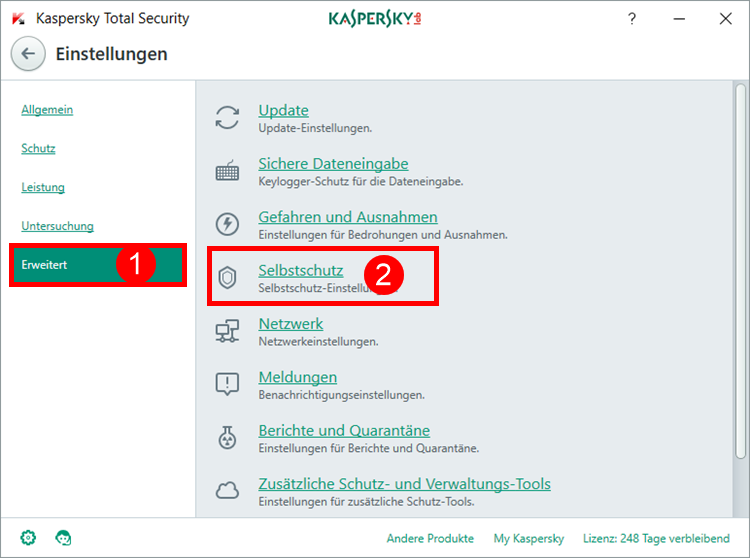 Abbildung: Das Fenster „Einstellungen“ in Kaspersky Total Security