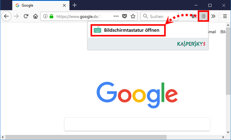 Das Fenster eines Browsers mit der Symbol der Erweiterung Kaspersky Protection auf der Toolbar