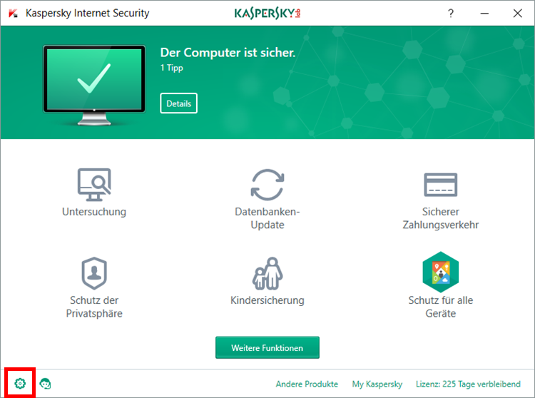 Abbildung: Das Hauptfenster von Kaspersky Internet Security 2018