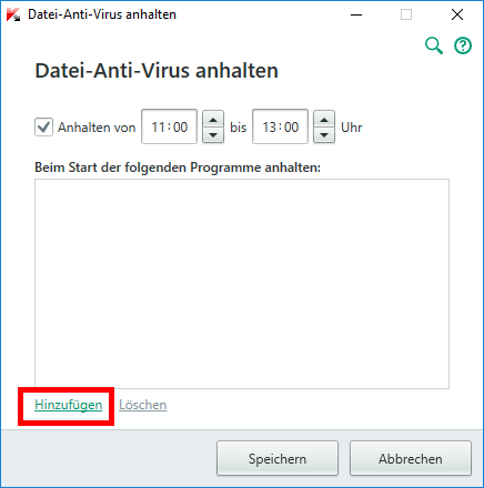 Das Fenster „Datei-Anti-Virus anhalten“ im Kaspersky-Programm