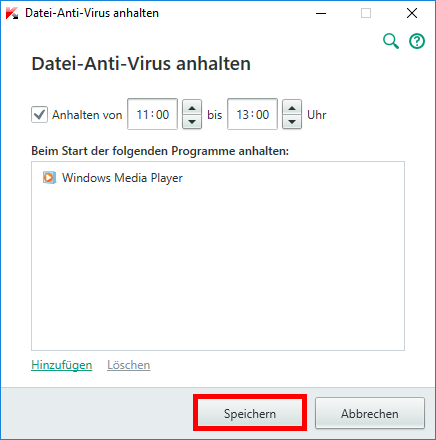 Das Fenster „Datei-Anti-Virus anhalten“ im Kaspersky-Programm