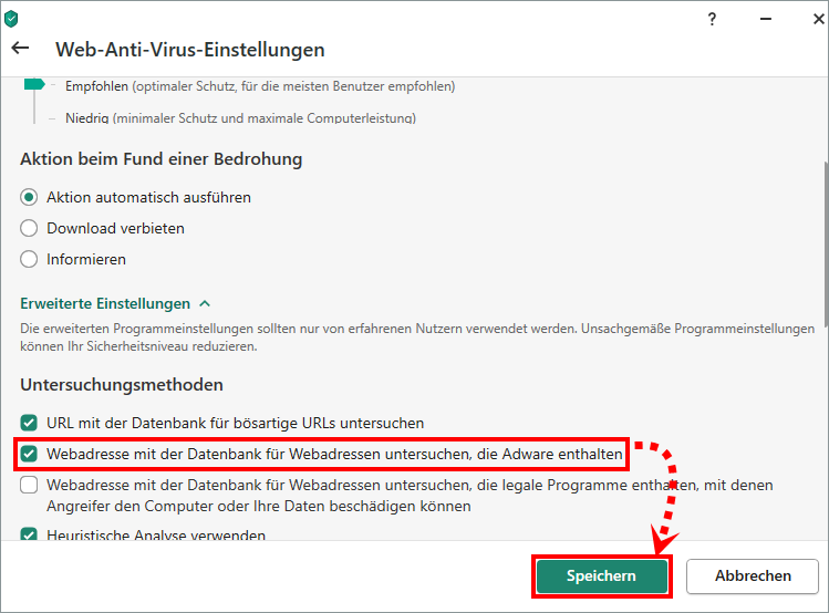 Das Fenster „Web-Anti-Virus-Einstellungen“ in einer Kaspersky-App