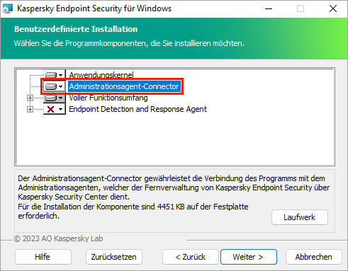 Das Fenster des Installationsassistenten von Kaspersky Endpoint Security für Windows.