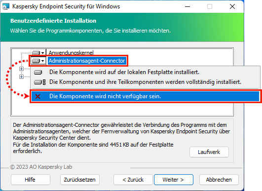 Verzicht auf die Installation des Administrationsagent-Connector bei der Installation von Kaspersky Endpoint Security für Windows.