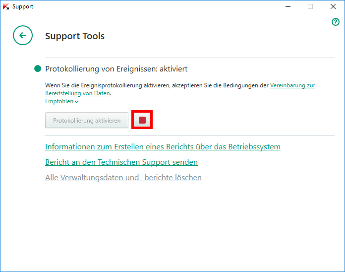 Abbildung: Das Fenster „Support Tools“ in Kaspersky Total Security 2018
