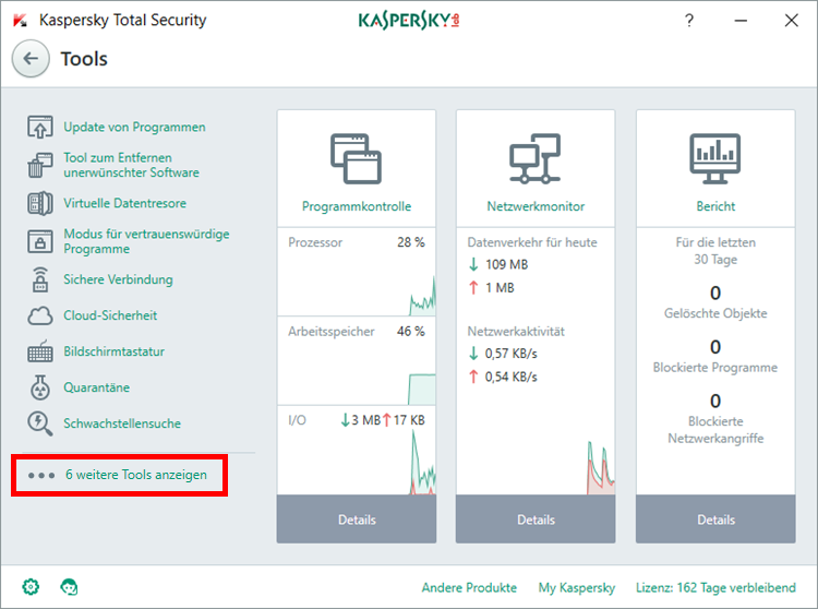 Das Fenster „Tools“ in Kaspersky Total Security 2018