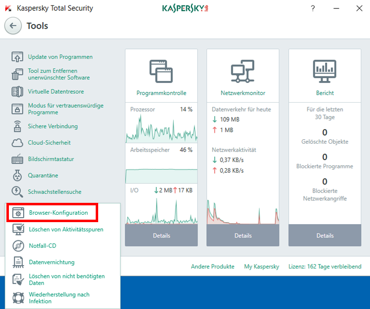 Das Fenster „Tools“ in Kaspersky Total Security 2018