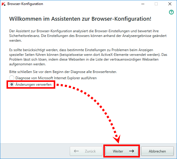 Das Fenster „Willkommen im Assistenten zur Browser-Konfiguration“