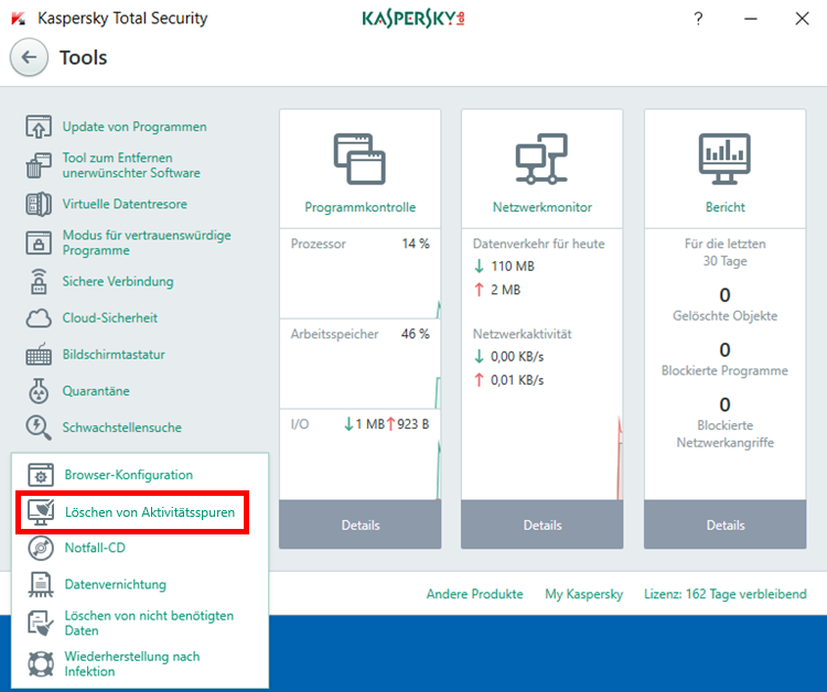 Das Fenster „Tools“ in Kaspersky Total Security 2018