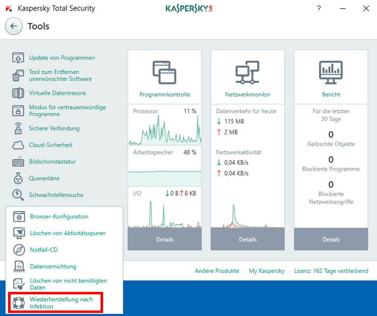 Das Fenster „Tools“ in Kaspersky Total Security 2018