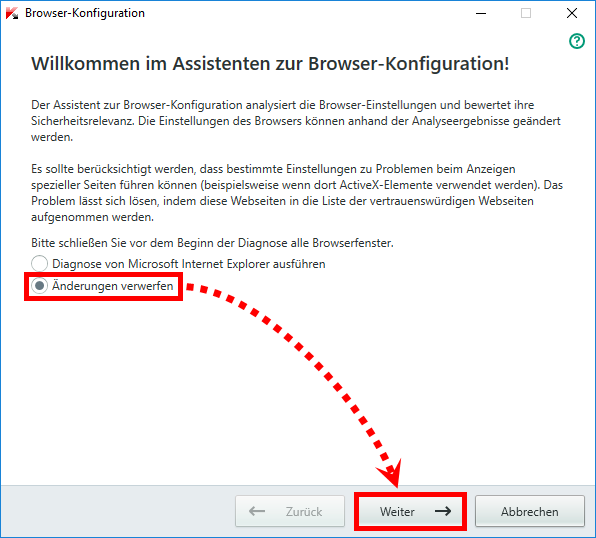 Das Fenster „Willkommen im Assistenten zur Browser-Konfiguration“