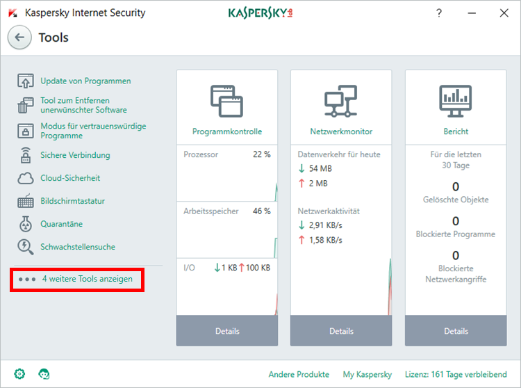 Das Fenster „Tools“ in Kaspersky Internet Security 2018