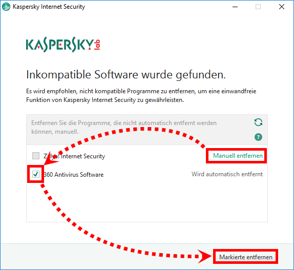 Das Fenster „Inkompatible Software wurde gefunden“ in Kaspersky Internet Security 2018 
