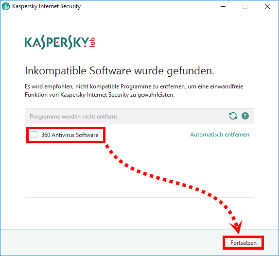 Das Fenster „Inkompatible Software wurde gefunden“ in Kaspersky Internet Security 2018 