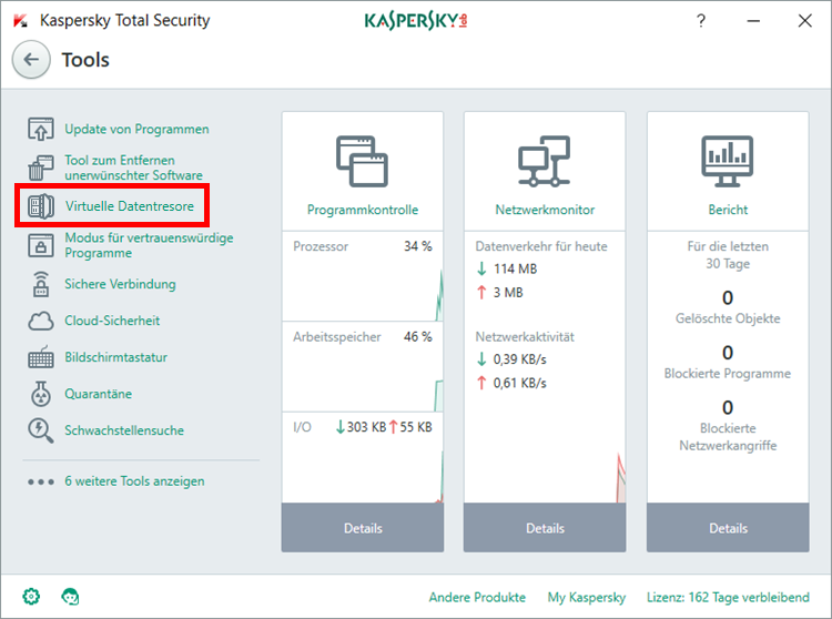 Das Fenster „Tools“ in Kaspersky Total Security 2018 