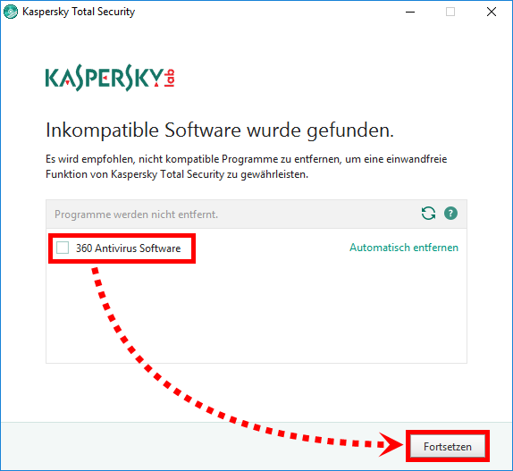 Das Fenster „Inkompatible Software wurde gefunden“ in Kaspersky Total Security 2018 