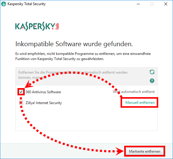 Das Fenster „Inkompatible Software wurde gefunden“ in Kaspersky Total Security 2018 