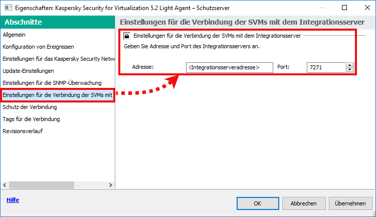 Das Fenster „Eigenschaften: Kaspersky Security for Virtualization 5.x Light Agent – Schutzserver“