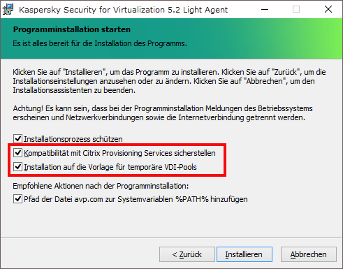 Das Fenster des Installationsassistenten von Kaspersky Security für Virtualisierung 5.x Light Agent