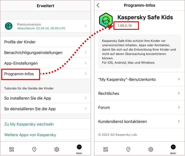 Prüfen der Versionsnummer von Kaspersky Safe Kids für iOS auf dem Gerät der Eltern.