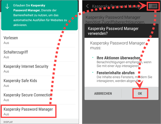 Aktivieren der Eingabehilfen für Kaspersky Password Manager