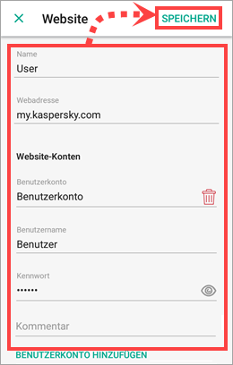 Speichern eines Benutzerkontos im Datenspeicher von Kaspersky Password Manager