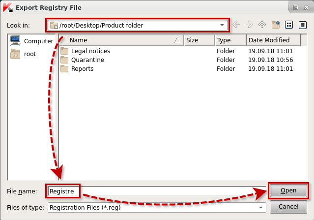 Speichern der Datei mit Werten der zu ändernden Registrierungsschlüssel in Kaspersky Rescue Disk 18