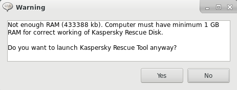 Warnmeldung in Kaspersky Rescue Disk 2018 über Mangel am Arbeitsspeicher