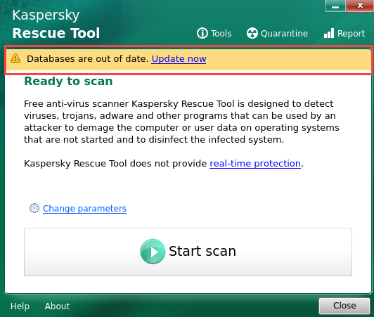 Warnmeldung „Databases are out of date“ in Kaspersky Rescue Disk