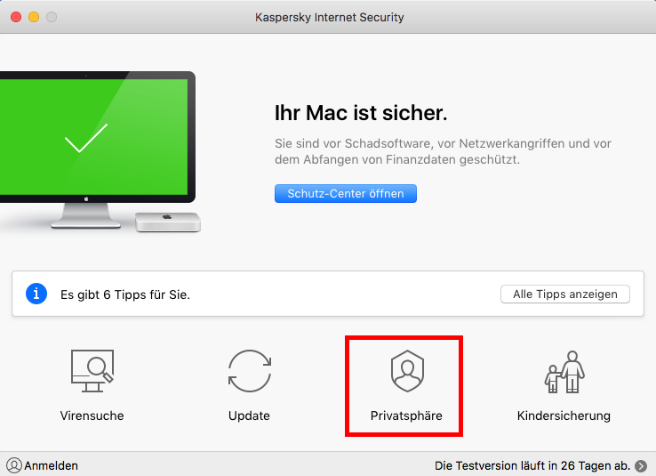 Das Hauptfenster von Kaspersky Internet Security für Mac