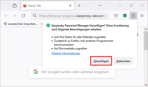 Das Fenster mit der Meldung „Kaspersky Password Manager hinzufügen?“ im Browser Firefox