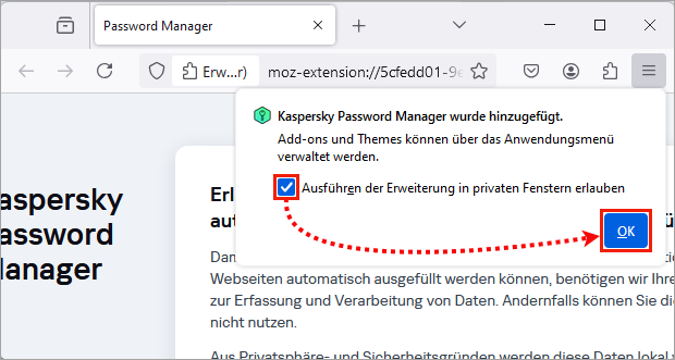 Das Fenster mit der Meldung „Kaspersky Password Manager wurde hinzugefügt“ im Browser Firefox