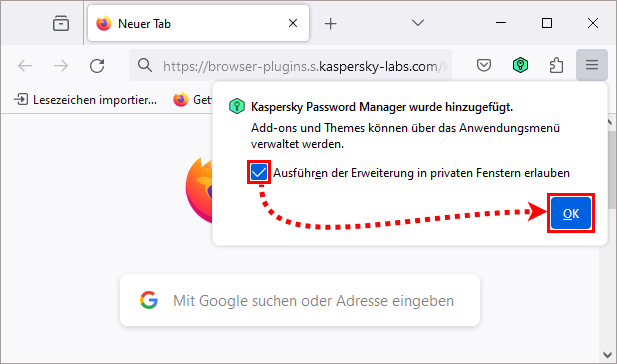 Das Fenster mit der Meldung „Kaspersky Password Manager wurde hinzugefügt“ im Browser Firefox