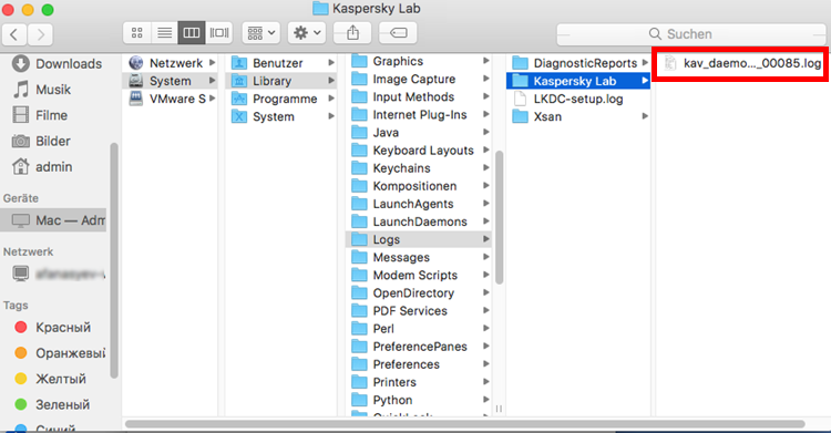 Ordner mit Protokolldateien von Kaspersky Internet Security für Mac